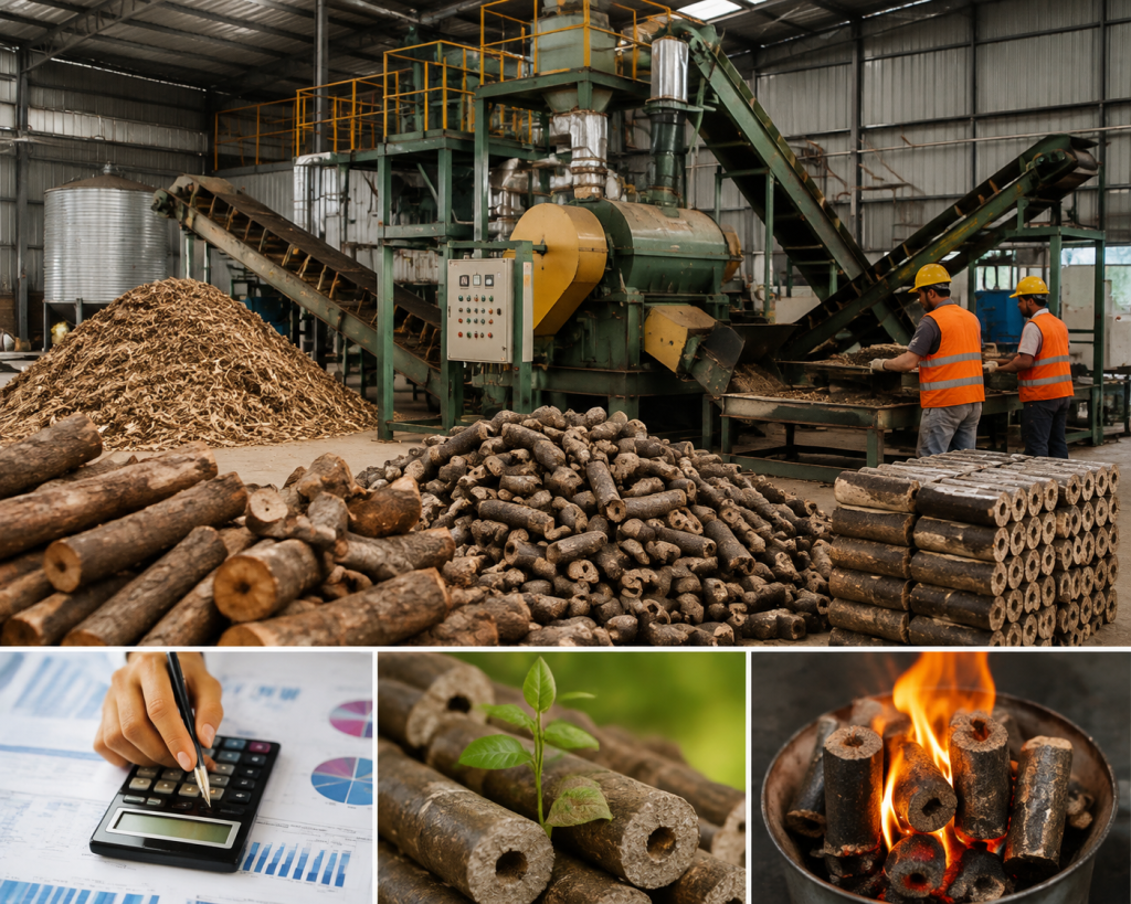Biomass briquetting plant machinery processing wood waste into biomass fuel briquettes