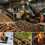 Biomass briquetting plant machinery processing wood waste into biomass fuel briquettes